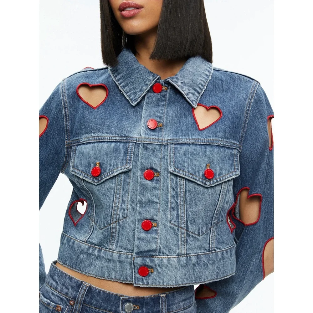 Alice + Olivia Jeff Heart Embroidered Cropped Denim Jacket - Picture 8 of 16